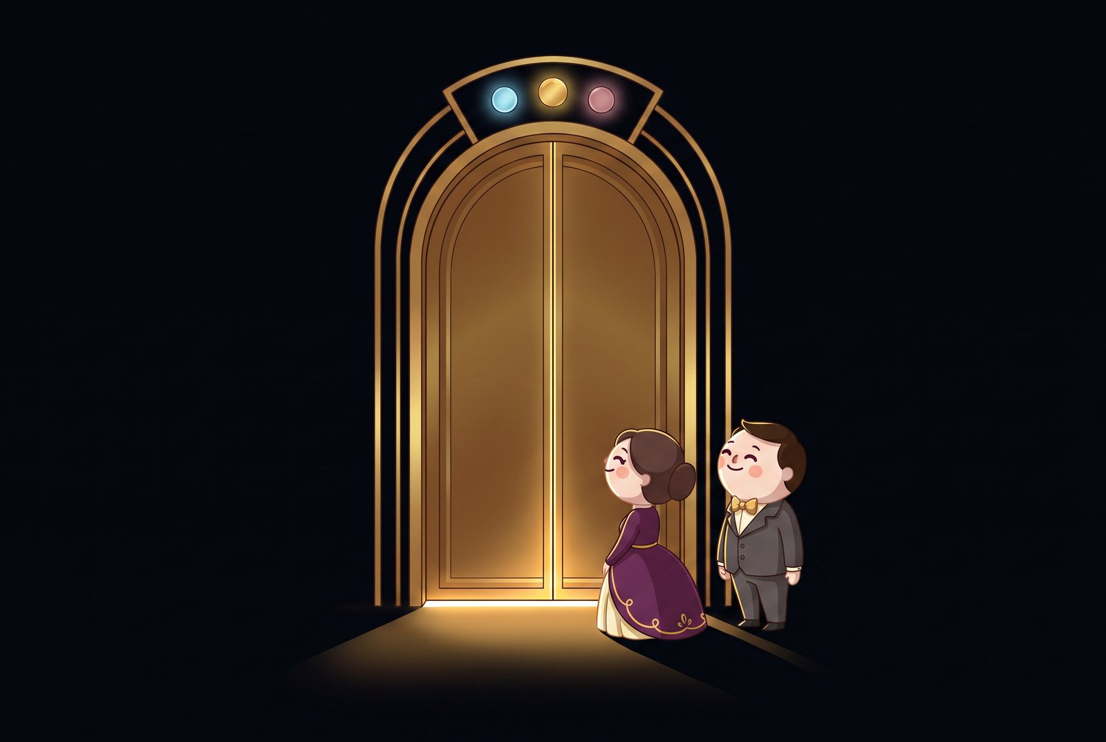Two drawn characters waiting outside a tall shut gold door at night.