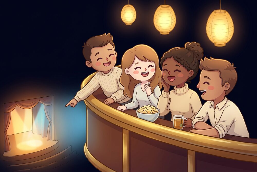 Drawn characters leaning together along a theatre balcony rail, laughing at a lit stage below, egg-shaped lanterns above them.