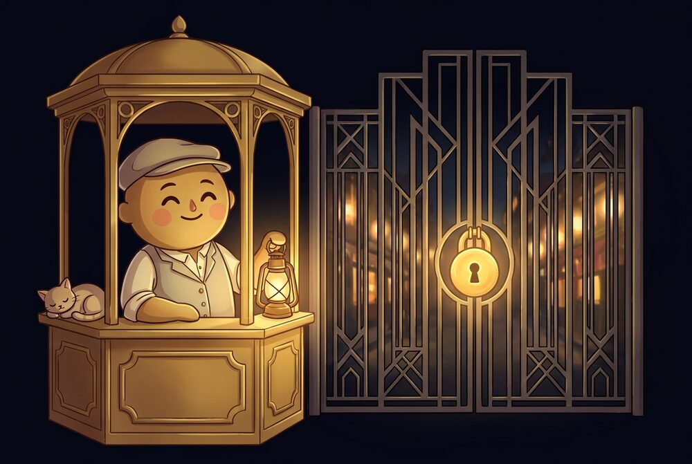A drawn gatekeeper in a flat cap smiles from a small gold kiosk beside a tall shut art-deco gate with one gold padlock; a cat sleeps on the ledge.
