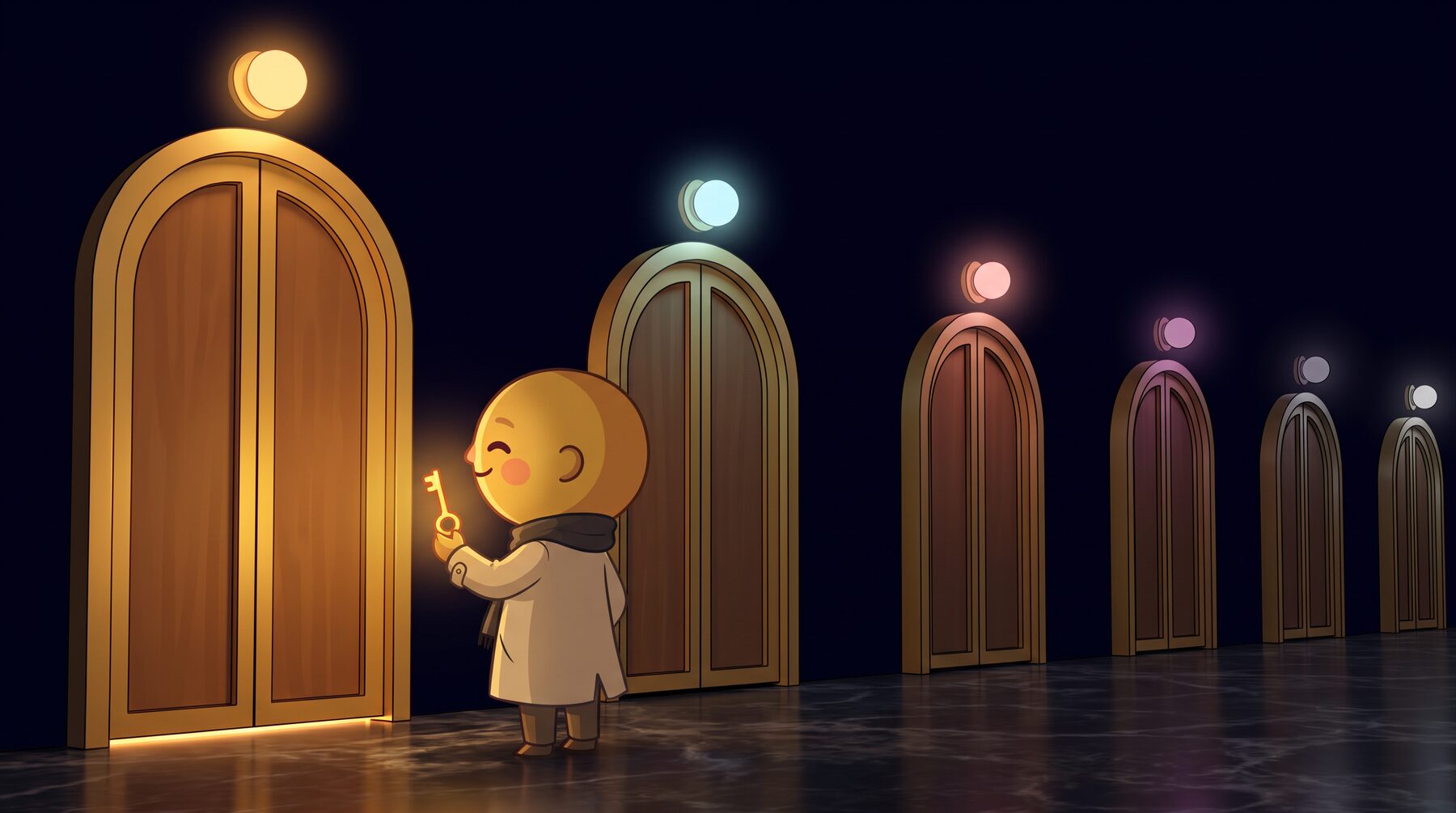 A small drawn character in a coat holds up one glowing gold key before a long row of tall shut doors at night, each door crowned with a lamp of a different colour.