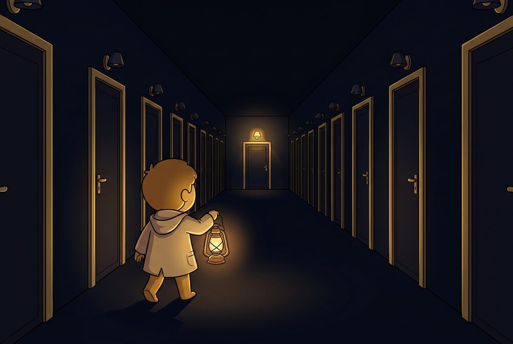 A drawn character with a lantern walking down a dark corridor of shut doors; one far door lamp has just switched on.