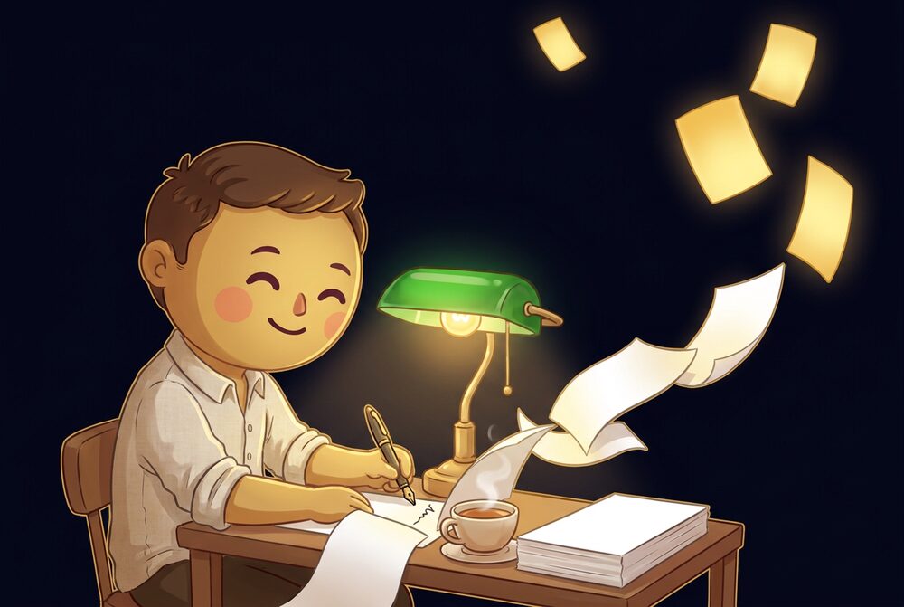 A drawn writer at a small desk under a green lamp, blank pages lifting off the desk and turning into glowing gold cards.