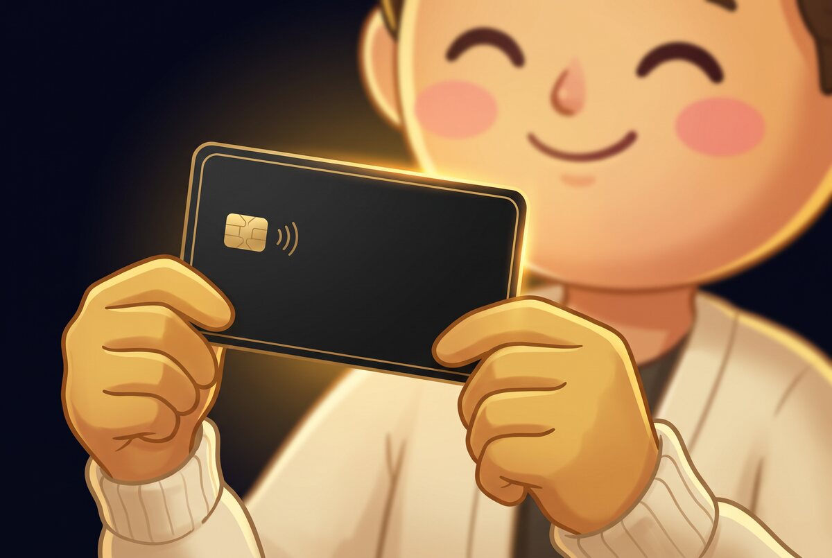 Drawn hands holding up a plain black card with a gold edge and a small gold chip, a smiling face lit by its glow behind.